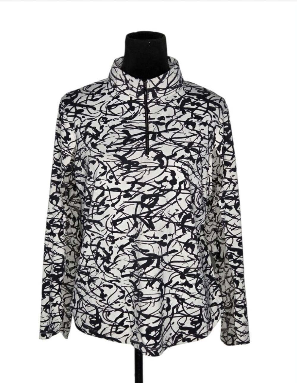 IBKUL Black & White UPF 50+ 1/4 Zip Mock Neck Top Long Sleeve Golf Athletic Sz L